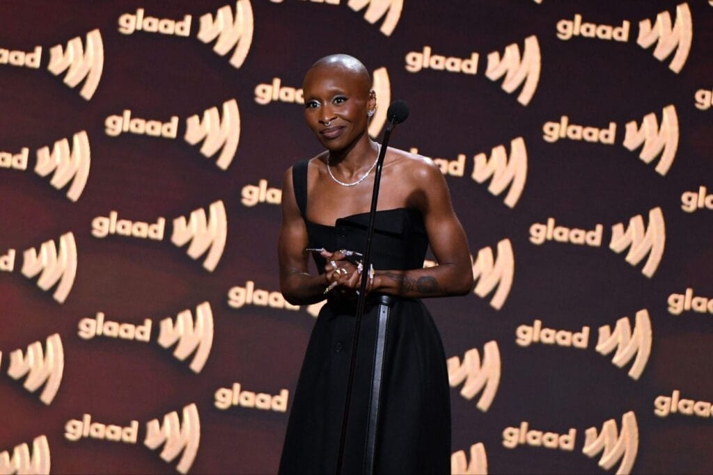 Cynthia Erivo, winner of the Stephen F. Kolzak Award, speaks onstage during the 36th Annual GLAAD Media Awards at The Beverly Hilton on March 27, 2025 in Beverly Hills, California. | GLAAD Cynthia Erivo, winner of the Stephen F. Kolzak Award, speaks onstage during the 36th Annual GLAAD Media Awards at The Beverly Hilton on March 27, 2025 in Beverly Hills, California.