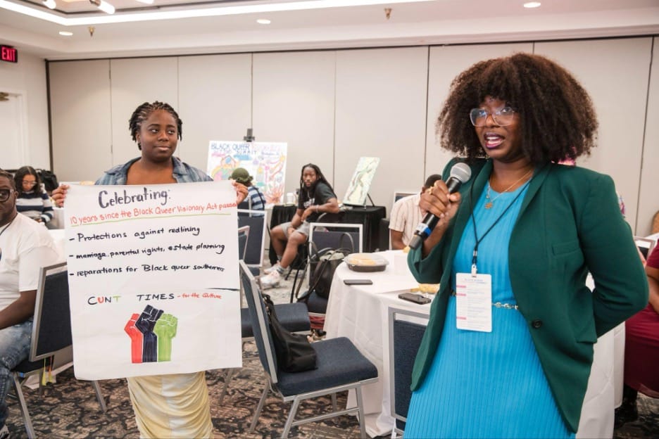 Members of the inaugural Black Queer Visionaries Summit present their vision for a future that encompasses full equality for Black LGBTQ people in the South during a breakout session on October 3, 2025, at the Embassy Suites in Birmingham, AL. | GLAAD Members of the inaugural Black Queer Visionaries Summit present their vision for a future that encompasses full equality for Black LGBTQ people in the South during a breakout session on October 3, 2025, at the Embassy Suites in Birmingham, AL.