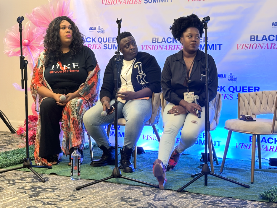 Daroneshia Duncan-Boyd (left), Founder and Executive Director of TAKE Resource Center (Transgender Advocates Knowledgeable Empowering), TC Caldwell (center), and Jenice Fountain (right), Executive Director of The Yellowhammer Fund, speak during the opening session fireside chat on October 3, 2025, at the Embassy Suites in Birmingham, AL. | GLAAD Daroneshia Duncan-Boyd (left), Founder and Executive Director of TAKE Resource Center (Transgender Advocates Knowledgeable Empowering), TC Caldwell (center), and Jenice Fountain (right), Executive Director of The Yellowhammer Fund, speak during the opening session fireside chat on October 3, 2025, at the Embassy Suites in Birmingham, AL.